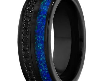 Blue Opal Wedding Band With CZ Black Diamond,8mm Wedding Band, Tungsten Carbide Ring,Engagement Band,Black CZ Diamond Ring,Anniversary
