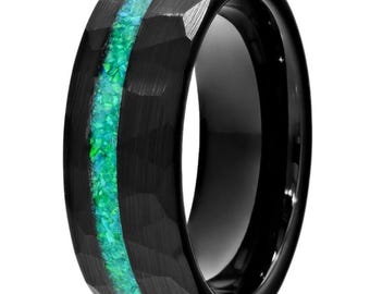 Turquoise Wedding Band,Opal Tungsten Ring,8mm Hammered Ring,Engagement Band,Men's Wedding Ring,Women's Wedding Band,Comfort Fit Ring