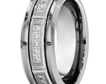 White Diamond CZ Ring,Men's Wedding Band,8mm Tungsten Ring,Anniversary Band,Proposal Ring,Comfort Fit,Beveled Edges Ring,Comfort Fit Band
