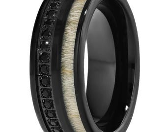 Natural Deer Antler Wedding Band,8mm Tungsten Ring,Anniversary & Engagement,Comfort Fit,Unique Tungsten Ring,Black CZ Diamond Ring,Flat