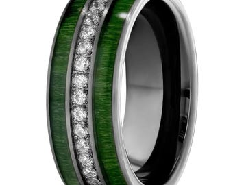 Green Jade Wood Wedding Band,8mm Wedding Ring,Tungsten Carbide Ring,Men's Wedding Band,Women's Wedding Band,Comfort Fit Ring,CZ Gem Ring