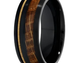 Guitar String Ring,Whiskey Barrel Tungsten Wedding Ring,Black Tungsten Ring,Anniversary Band,Engagement Ring,Comfort fit,Dome Design Band