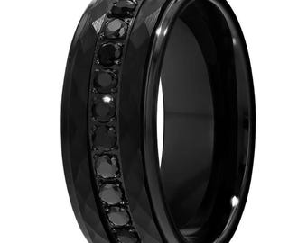 White Diamond CZ Wedding Band,Hammered Style band,Beveled Edges,Tungsten Carbide Ring,Comfort Fit,Beveled Edges,Gold Center,Unisex Ring