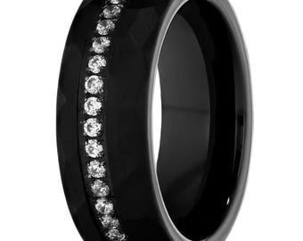 Hammered Black Wedding Band,8mm Tungsten Ring,Anniversary & Engagement,Comfort Fit,Men's Tungsten Band,Unique Band,CZ Diamond Ring,Men Band