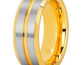 Gold Tungsten Wedding Band,8mm & 6mm,Beveled Edges,Tungsten Carbide Ring,Engagement Band,Silver brush Ring,Men's Ring,Women's Band