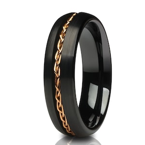 Rose Gold Tungsten Wedding Ring,Black Wedding Ring,18k Rose Gold,Braid Wedding Ring,18K Rose Gold,Tungsten Carbide Ring,Unique Wedding Ring