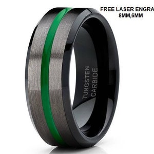 Green Tungsten Ring, Green Tungsten Wedding Band, Gunmetal Tungsten Ring, Black Tungsten Ring, Men & Women, Tungsten Carbide Ring, Brush