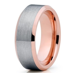 Rose Gold Tungsten Wedding Band, Gray Tungsten Ring, Men & Women, 18k Rose Gold Tungsten Ring, Anniversary Ring, Comfort Fit, Unique