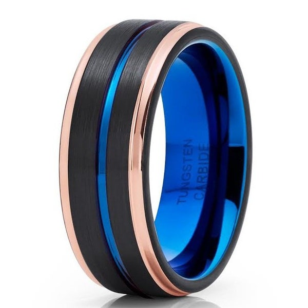 Rose Gold Tungsten Wedding Band, Black Tungsten Ring, Anniversary Ring, Men & Women, Black Tungsten Ring, Engagement Ring, Blue Ring