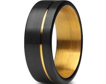 Unique Black & 18K Yellow Gold Wedding Ring for Men, Tungsten Carbide Matte Band with Offset Groove, Comfort Fit 6mm 8mm Personalized Ring