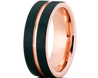 Black Tungsten Wedding Ring, 18k Rose Gold Tungsten, Rose Gold Tungsten Wedding Ring, Anniversary Ring, Engagement Ring, Comfort Fit