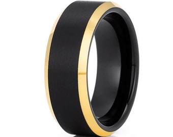 Yellow Gold Tungsten Wedding Ring, Black Tungsten Ring with Yellow Gold Plating, Beveled Comfort Fit Band, Personalized Wedding Band, Flat