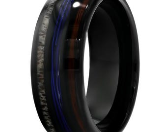 Deer Antler Wedding Band,Whiskey Barrel Ring Tungsten Ring,Anniversary Band,Unique Wedding Band,Blue Fish Line Inlay,Comfort Fit,Dome Band