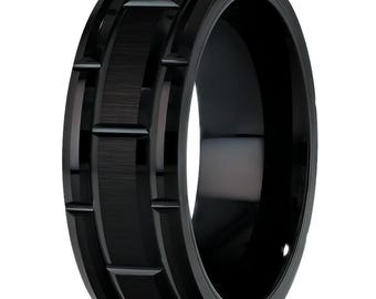 Groove Design Black Wedding Band,Men's Tungsten Ring,Women's Band,Anniversary Ring,Engagement Band,Comfort Fit Ring,Brush Band,Beveled Ring