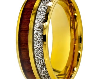 Meteorite Gold Wedding Band,Koa Wood Tungsten Ring,8mm,Men's Tungsten Ring,Women's Tungsten Ring,Comfort Fit Band,Unique Wedding Band