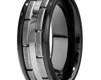 Men's Wedding Band,8mm Tungsten Ring,Black Tungsten Band,Anniversary & Engagement,Comfort Fit,Unique Groove Design,Brush Ring,Women's Ring