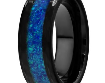 Blue Opal Wedding Band,Black Tungsten Ring,Anniversary,Hammered Edges,Men's Tungsten Ring,Unique Wedding Band,Comfort Fit,Brush Black Band
