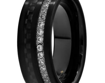 Carob Fiber Black Wedding Band,8mm Tungsten Ring,Anniversary Engagement Fit,CZ Diamond Gems,Men's Wedding Band,Women's Ring,Unique Style