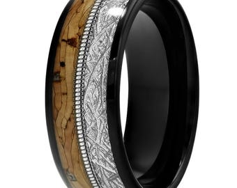 Guitar String Ring,Whiskey Barrel Tungsten Wedding Ring,Black Tungsten Ring,Anniversary Band,Engagement Ring,Comfort fit,Dome Design Band