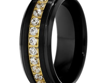 White Diamond CZ Wedding Band,Black Tungsten Ring,Beveled Edges,Tungsten Carbide Ring,Comfort Fit,Beveled Edges,Gold Center,Unisex Ring