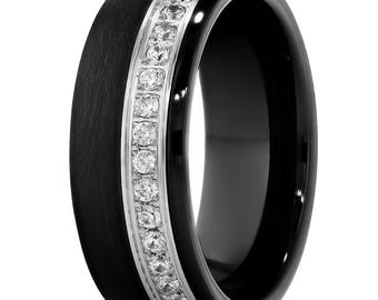 Women's Black Wedding Band,8mm Tungsten Ring,Anniversary & Engagement,Comfort Fit,Men's Tungsten Band,Unique Band,CZ Diamond Ring,Men's Band