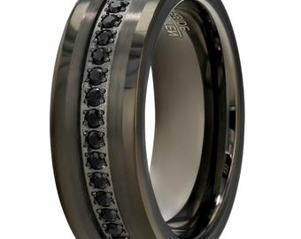 Men's Gunmetal Wedding Band,8mm Tungsten Ring,Anniversary & Engagement,Black CZ Diamond Ring,Comfort Fit,Unique Wedding Band,Brush Band