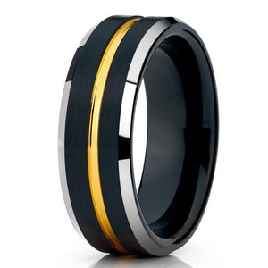 Yellow Gold Tungsten Wedding Band,Black Tungsten Ring,Anniversary Ring,Tungsten Carbide Ring,Men & Women,Black Wedding Band