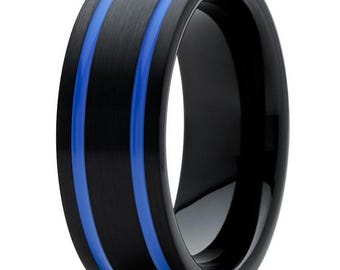 Double Groove Blue Tungsten Ring,8mm & 6mm,Anniversary Band,Engagement Ring,Comfort Fit Ring,Men's Wedding Band,Women's Ring,Brush Band