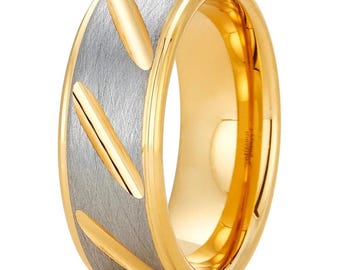 Gold Wedding Band For Men,Tungsten Carbide Ring,Engagement Band,Anniversary Ring,Silver Tungsten Ring,Comfort Fit,Unique Brush Ring