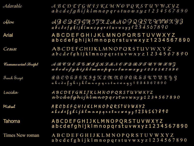 May include: A chart showing different font styles with the names of the fonts listed on the left side of the image. The fonts are: Adorable, Adore, Arial, Ceasar, Commercial Script, French Script, Lucida, Mistral, Tahoma, and Times New Roman. Each font style is shown in uppercase and lowercase letters, as well as numbers.