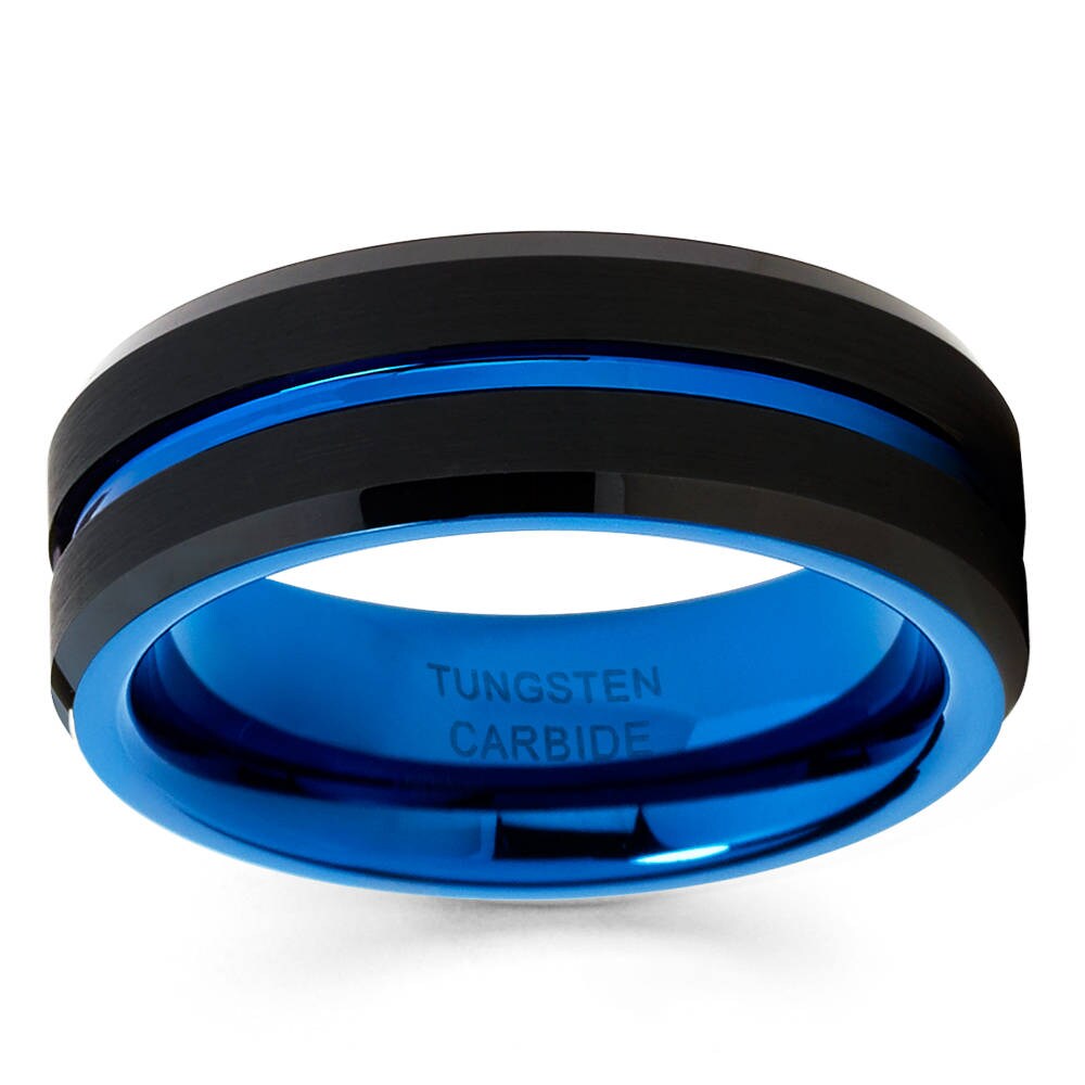 Blue and black tungsten wedding band deals