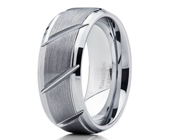 Silver Tungsten Wedding Band, Grooved Comfort Fit Ring for Men & Women, Tungsten Carbide Anniversary Ring, Personalized Brush Finish Ring