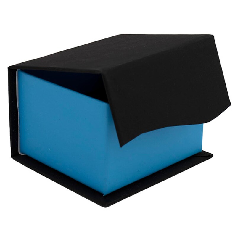 May include: A small, blue gift box with a black lid. The lid is open and the box is sitting on a white background.