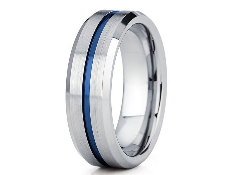 Queenwish 8mm Blue Tungsten Wedding Band With Twin Silver Stripes - Sizes 6-13, Cobalt Free