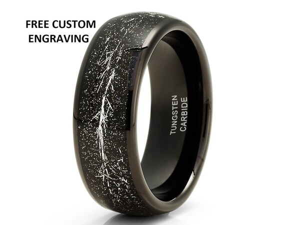 Meteorite Tungsten Wedding Band,Black Tungsten Ring,8mm & 6mm,Dome Black Ring,Comfort Fit Band,Anniversary,Engagement,Unique Wedding Band