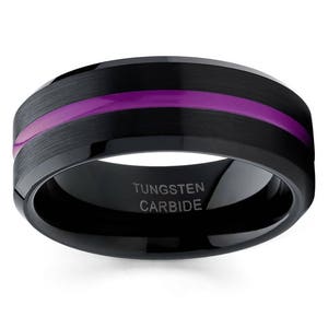 Purple Tungsten Wedding Band, Black Tungsten Ring, Brush Men & Women, Tungsten Carbide Ring, Purple Groove Engagement Ring
