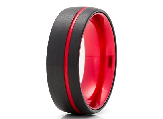 Women's Red Tungsten Ring,Anniversary Band,Dome Tungsten Ring,8mm & 6mm,Comfort Fit Ring,Unique Tungsten Band,Men's Black Ring,Brush Finish