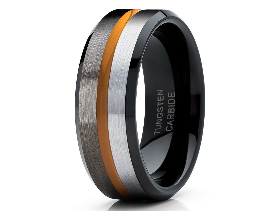 Orange Tungsten Ring Gunmetal Tungsten Ring Orange Wedding Etsy