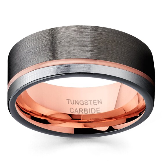 Anillo De Tungsteno Gris Roca Con Diseño Cúpula - 8/6 Mm, Plata Y Oro Rosa, Marca ATOP, Para Hombre