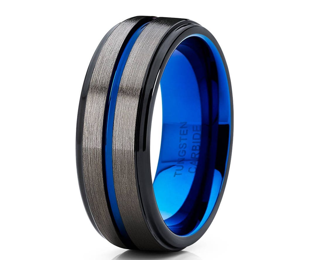 Gunmetal Tungsten Ring Blue Tungsten Wedding Band Gunmetal - Etsy