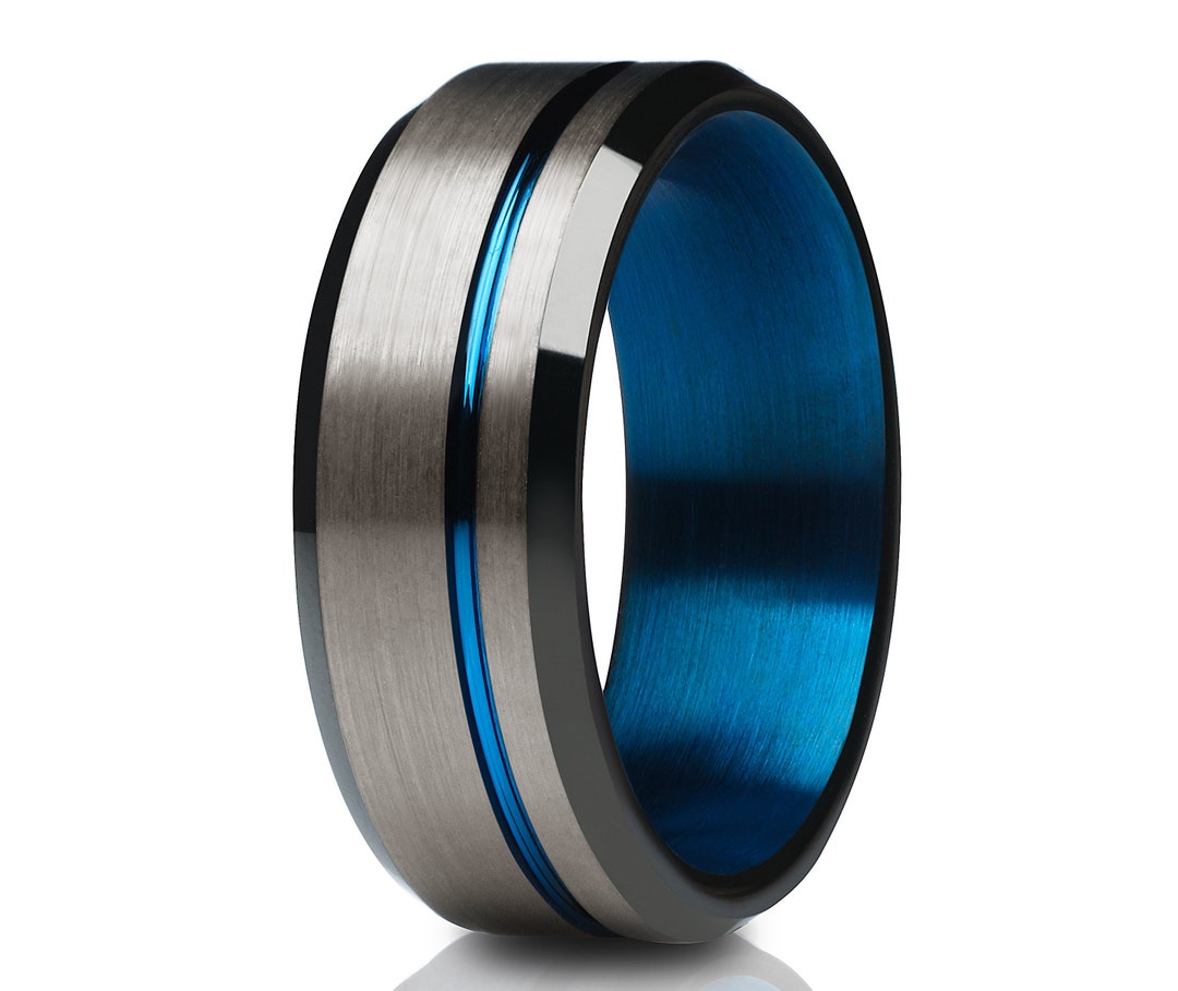 Blue Wedding Ring,gunmetal Wedding Band,black Tungsten Ring,anniversary ...
