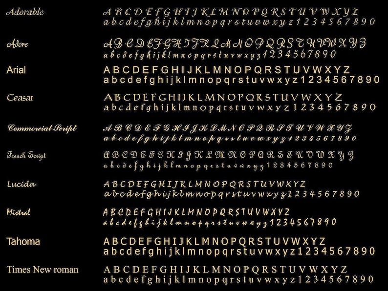 May include: A chart showing different font styles with the names of the fonts listed on the left side of the image. The fonts are: Adorable, Adore, Arial, Ceasar, Commercial Script, French Script, Lucida, Mistral, Tahoma, and Times New Roman. Each font style is shown in uppercase and lowercase letters, as well as numbers.