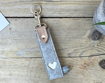 Keychain made of wool felt with cowhide heart