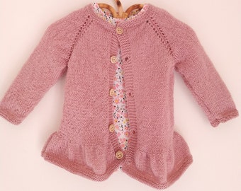 Pink hand-knitted ruffled cardigan for baby girl 6 months