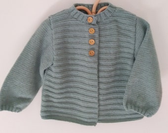 12 MONTHS: unisex buttoned jacket/vest, sage green color, hand knitted