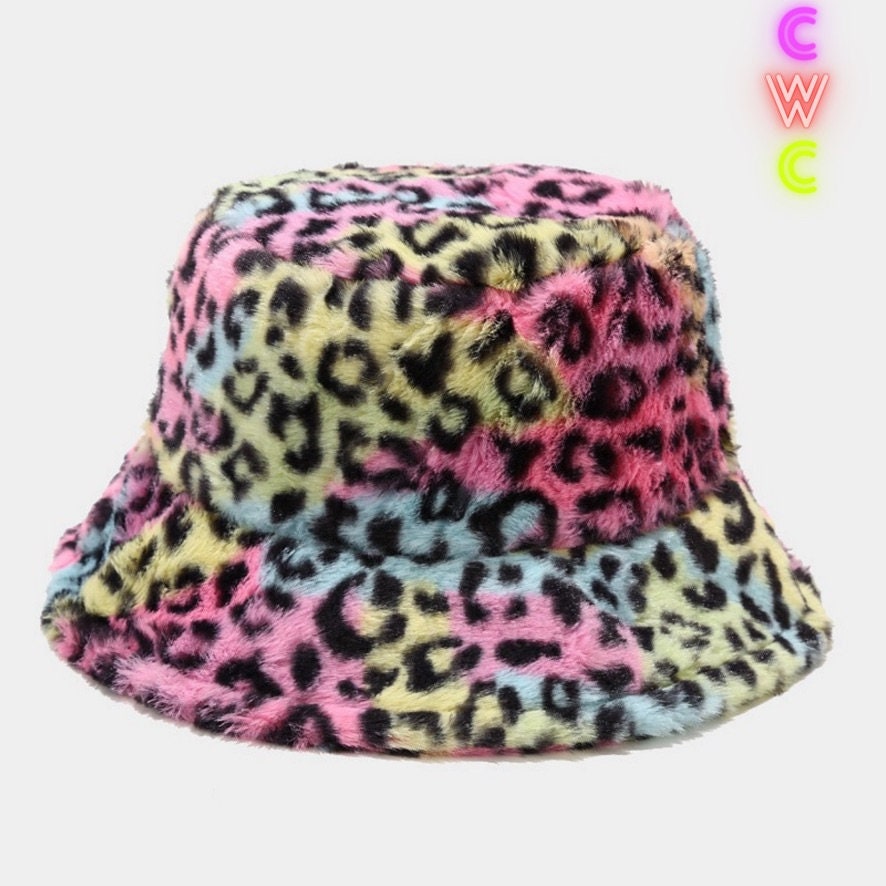 Leopard Print Faux Fur Bucket Hat 