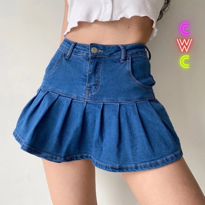 Y2K Mini Jean Skirt Pleated Shorts Underneath Button & Zip Etsy