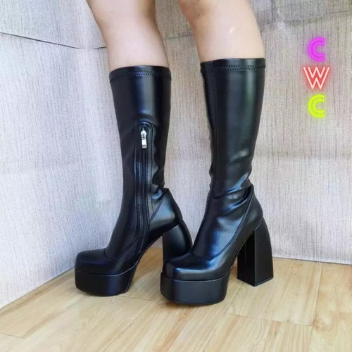 Matte Black Bratz PU Leather Platform Chunky Block High Heel Boots, Round Toe, Part Side Zip | Y2K 70s 80s Trendy, Streetwear | Grunge, Goth