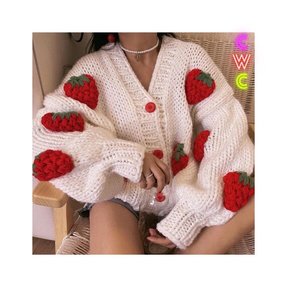 ColorWhirlClothing Big Puff Strawberry Open Soft Cardigan, Hand Knit Soft Sweater, Long Sleeve, in White / Red \u0026 Pink | Streetwear, Loungewear, Trendy, Y2k