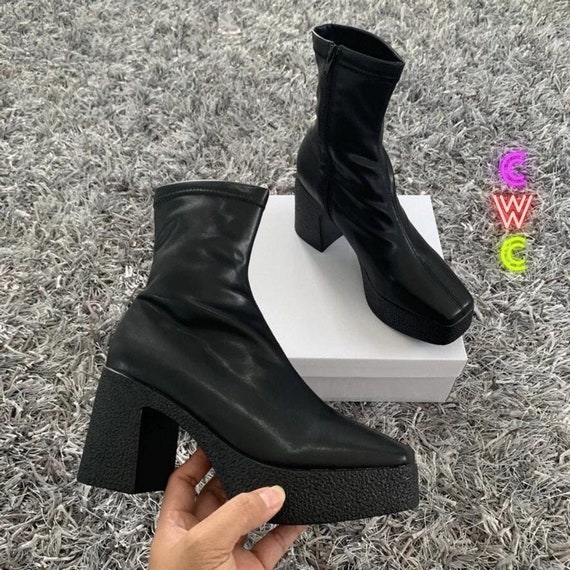 Matte Black Vegan PU Leather Platform Ankle Boots Full Side - Etsy